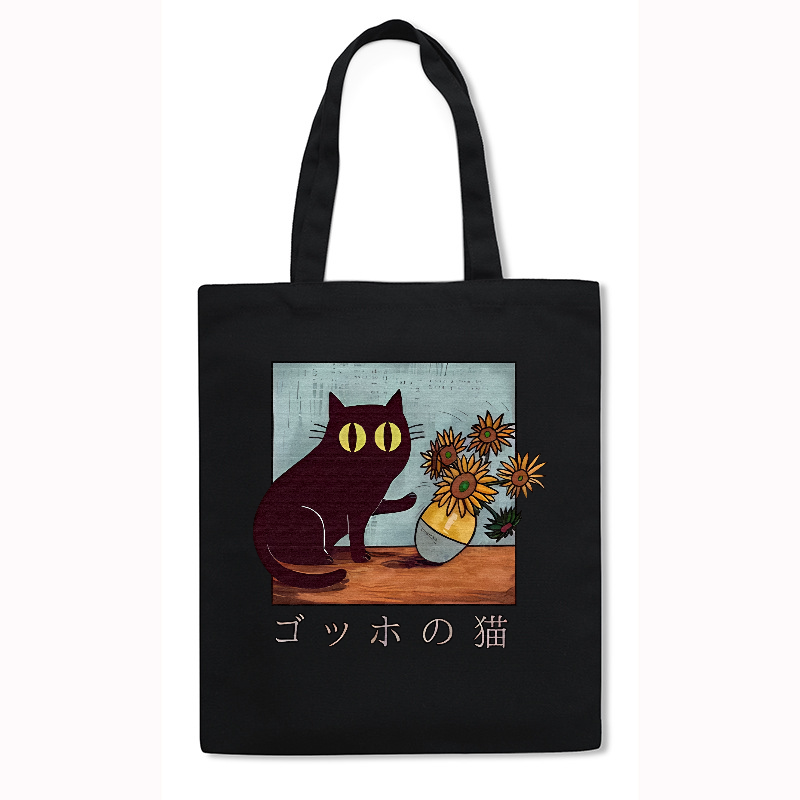 Black Cat Sunflowe Japanese Style Canvas Tote Bag