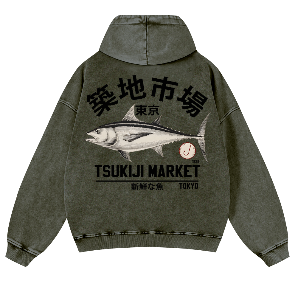 Tsukiji Fish Market Vintage Washed Cotton Back Art Hoodie