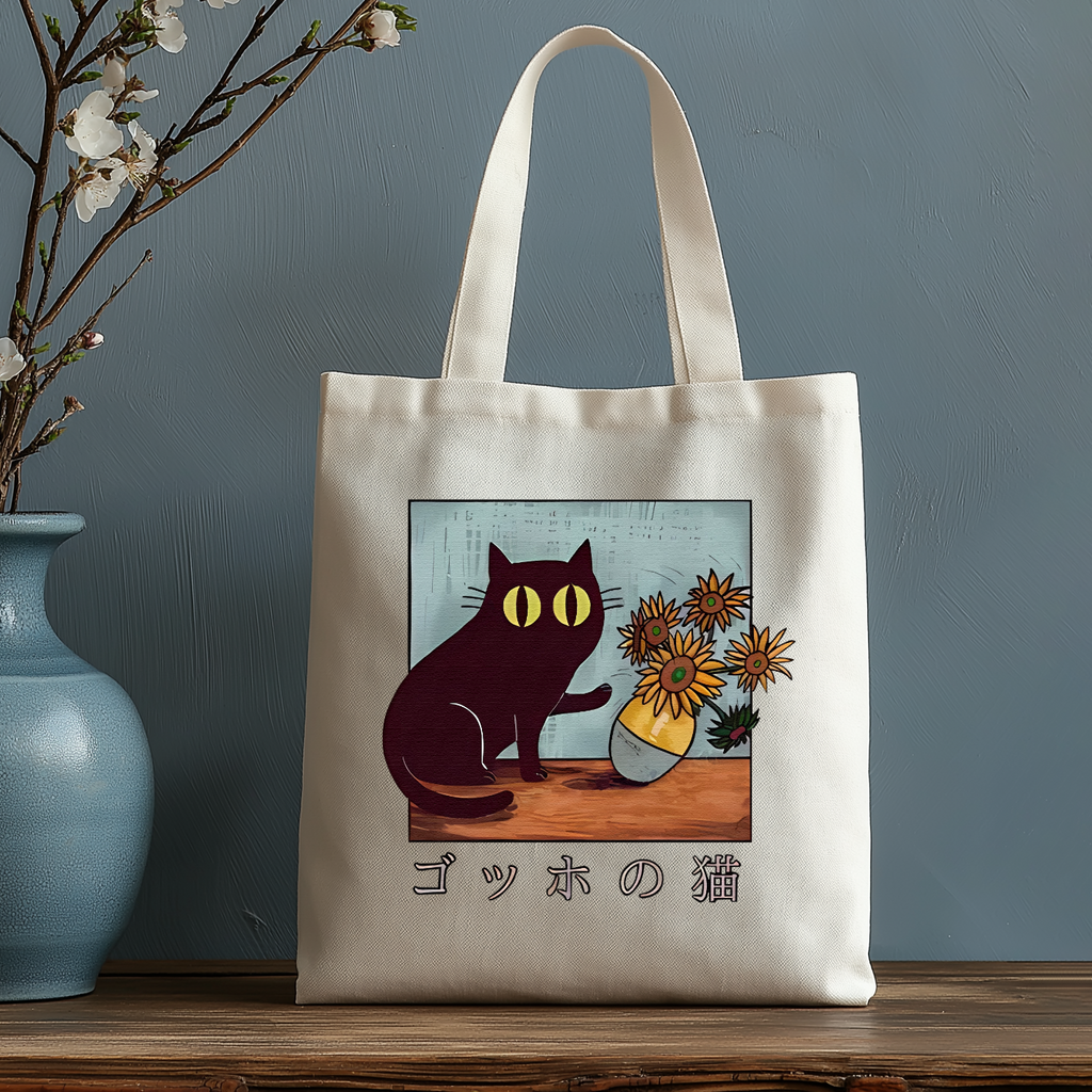 Black Cat Sunflowe Japanese Style Canvas Tote Bag