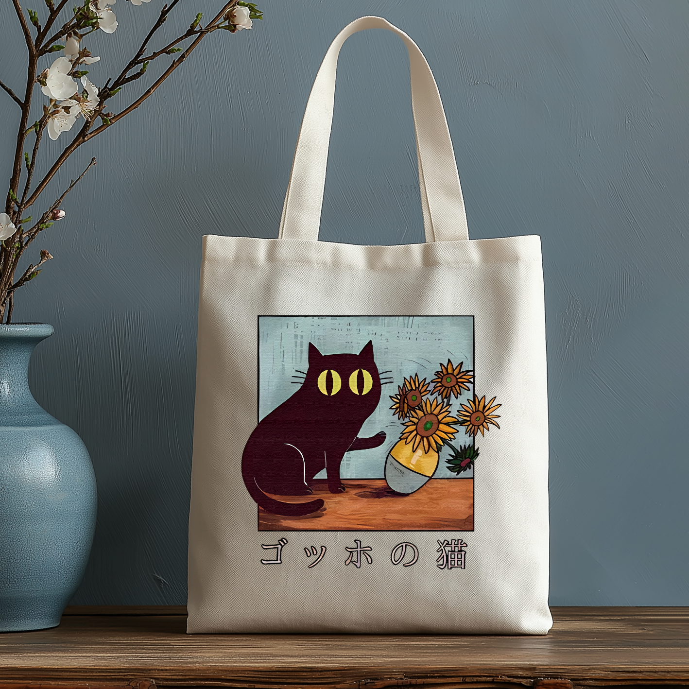 Black Cat Sunflowe Japanese Style Canvas Tote Bag