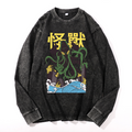 Octopus Monster Vintage Cotton Wash Crewneck Long-Sleeve T-Shirt