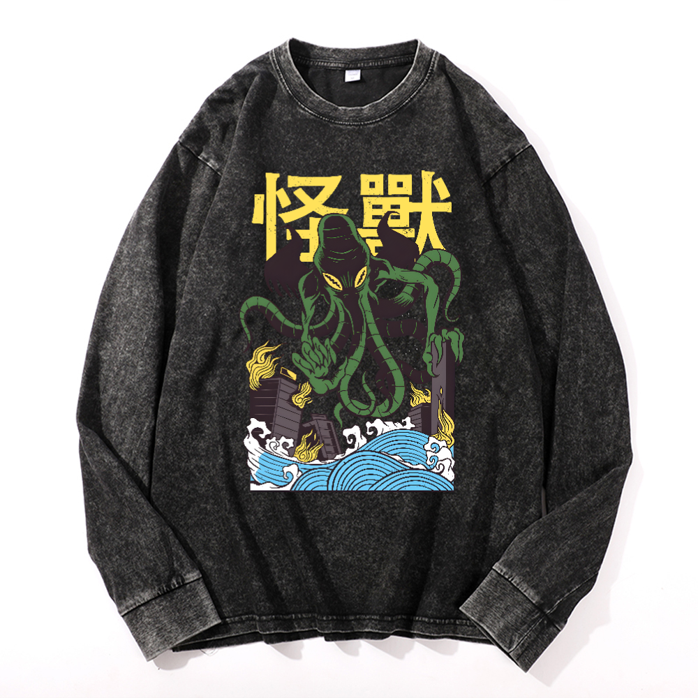 Octopus Monster Vintage Cotton Wash Crewneck Long-Sleeve T-Shirt