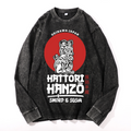Okinawa Hattori Hanzo Komainu Vintage Cotton Wash Crewneck Long-Sleeve T-Shirt