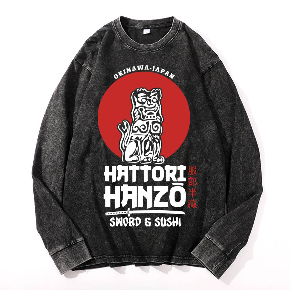 Okinawa Hattori Hanzo Komainu Vintage Cotton Wash Crewneck Long-Sleeve T-Shirt