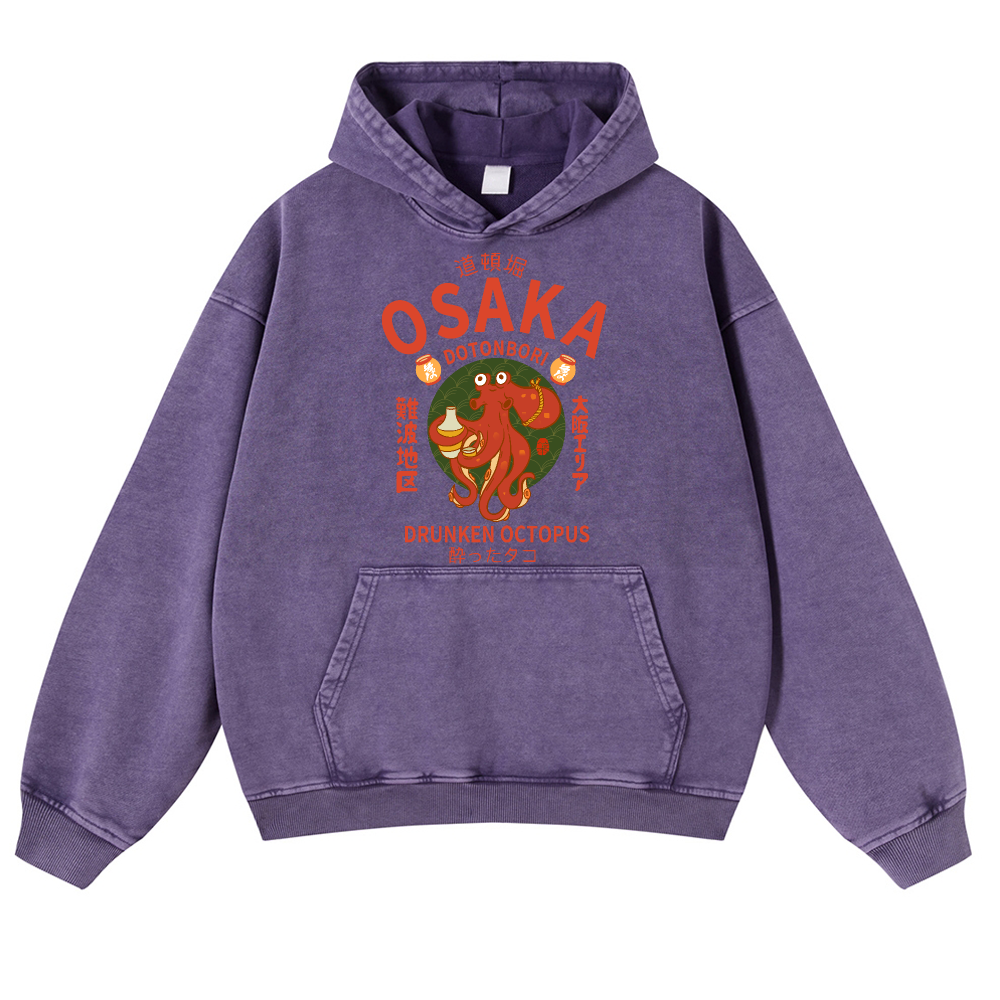 Osaka Dotonbori Drunken Octopus Vintage Washed Thick Cotton Hoodie