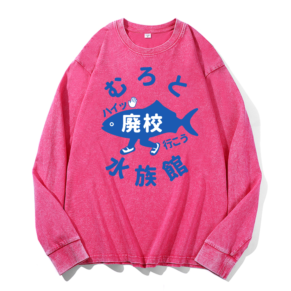Aquarium Vintage Cotton Wash Crewneck Long-Sleeve T-Shirt