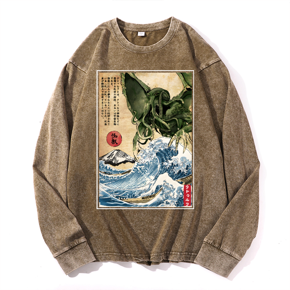 Octopus Ukiyoe Wave Vintage Cotton Wash Crewneck Long-Sleeve T-Shirt