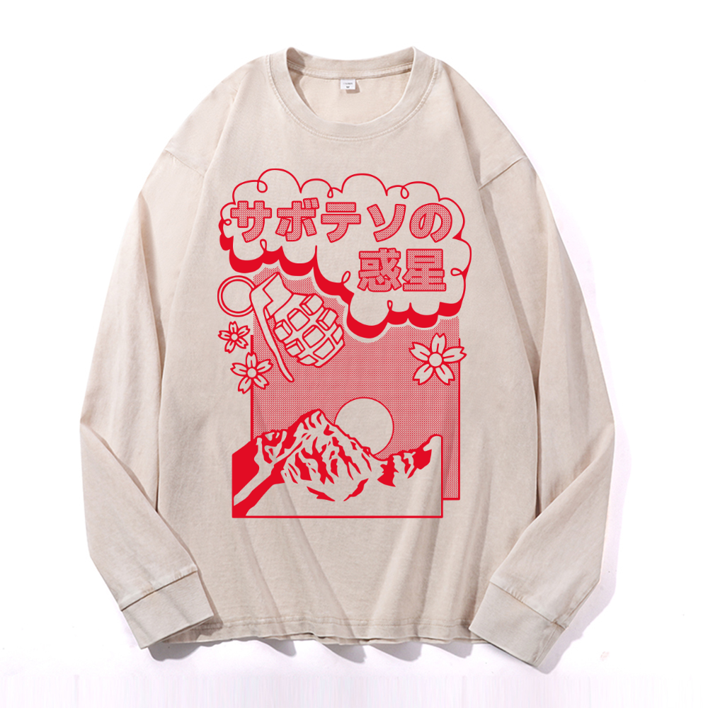 Sakura Vintage Cotton Wash Crewneck Long-Sleeve T-Shirt