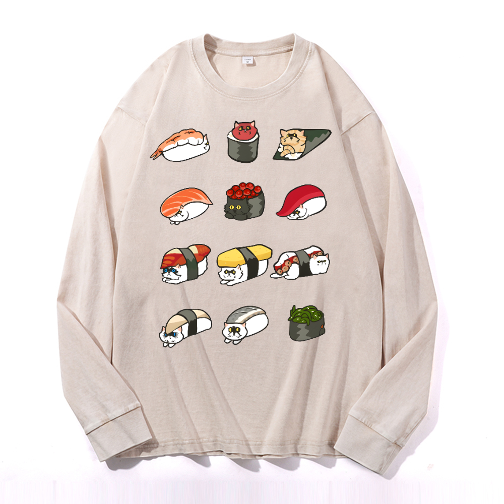 Sushi Cat Vintage Cotton Wash Crewneck Long-Sleeve T-Shirt