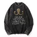 Drunken Octopus Vintage Cotton Wash Crewneck Long-Sleeve T-Shirt