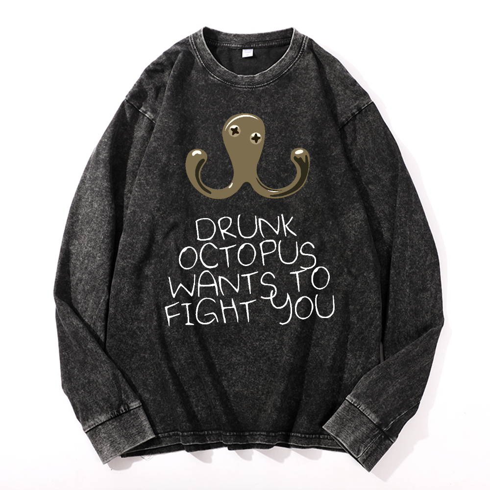 Drunken Octopus Vintage Cotton Wash Crewneck Long-Sleeve T-Shirt