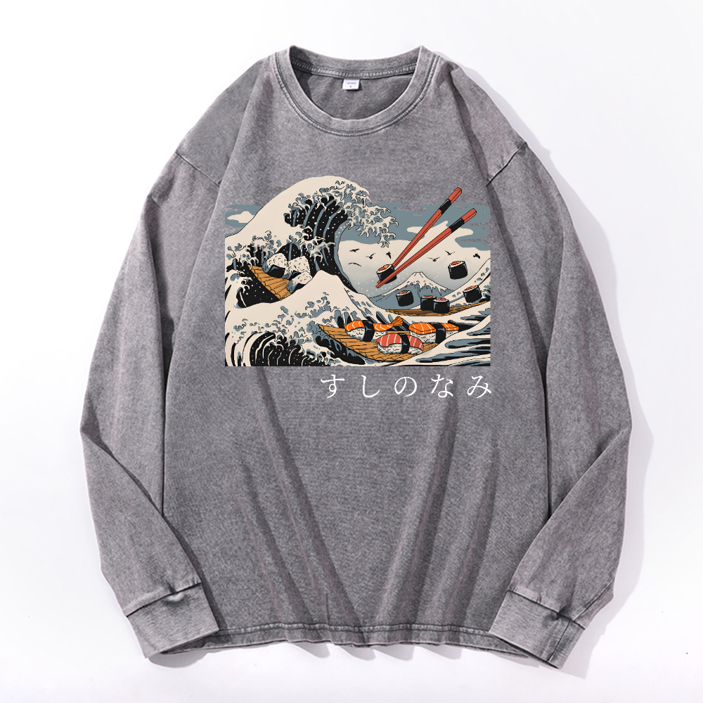 Sushi Kanagawa Vintage Cotton Wash Crewneck Long-Sleeve T-Shirt