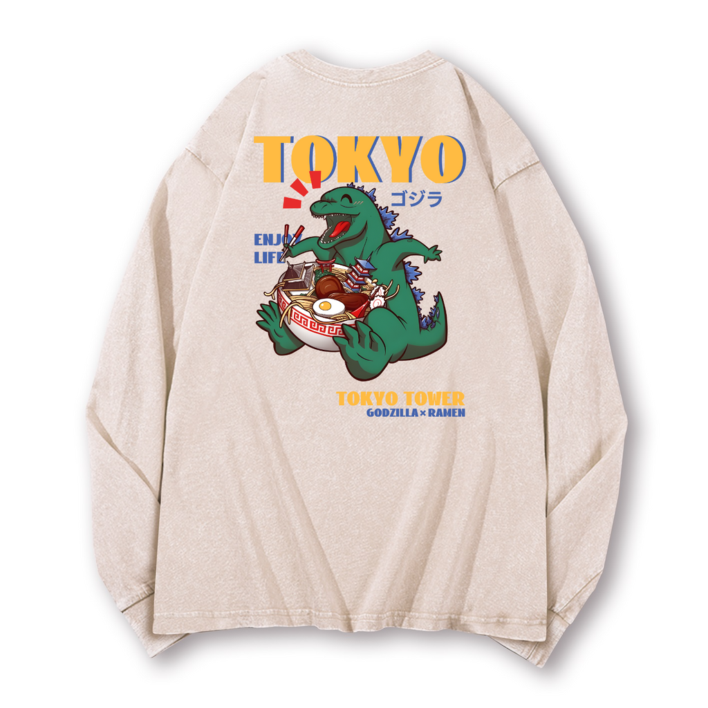 Ramen Kaiju Vintage Washed Cotton Back Art Long-sleeve T-shirt
