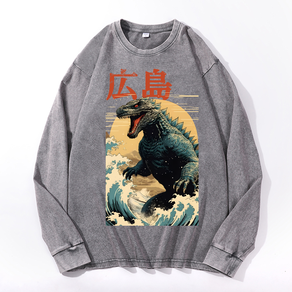 Hiroshima Kaiju Vintage Cotton Wash Crewneck Long-Sleeve T-Shirt