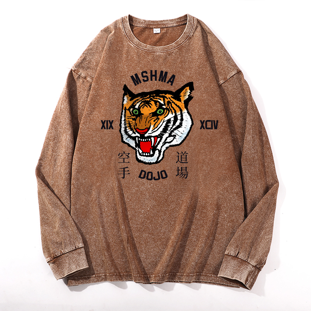MSHMA Dojo Tiger Vintage Cotton Wash Crewneck Long-Sleeve T-Shirt