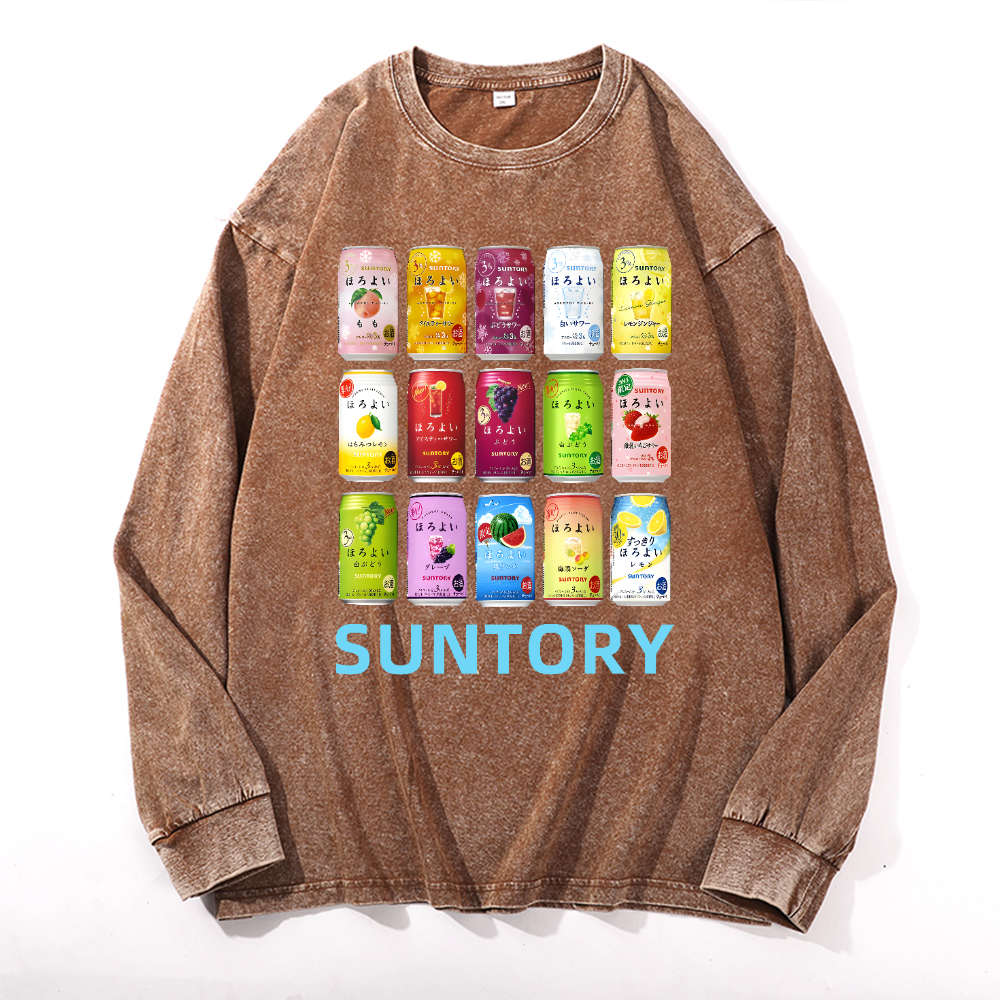 Suntory Vintage Cotton Wash Crewneck Long-Sleeve T-Shirt