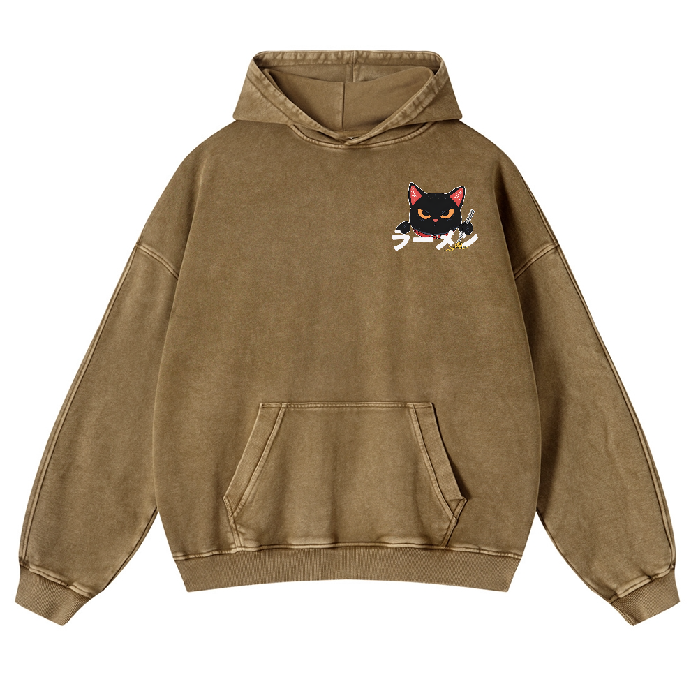 Ramen Black Cat Vintage Washed Cotton Back Art Hoodie