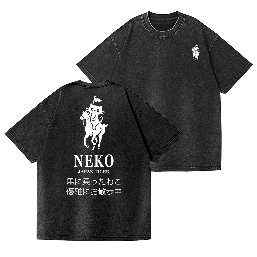 Neko Cat Vintage Wash Japanese Design Back Art T-Shirt