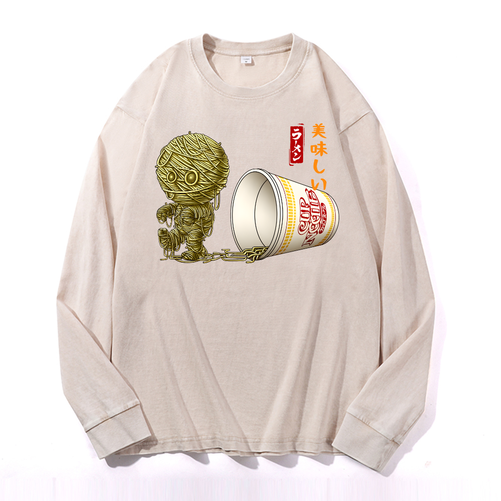 Cup Noodle Mummy Vintage Cotton Wash Crewneck Long-Sleeve T-Shirt