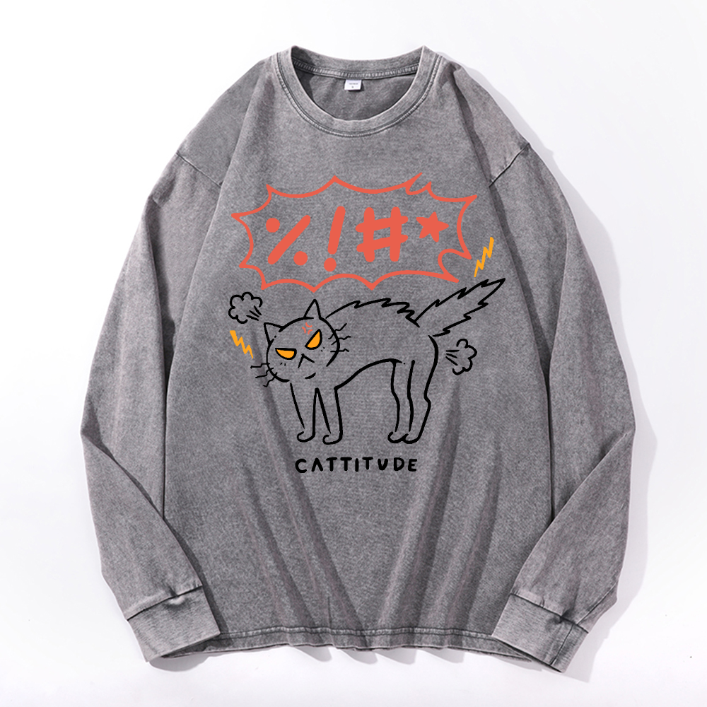 Cat Cattitude Vintage Cotton Wash Crewneck Long-Sleeve T-Shirt