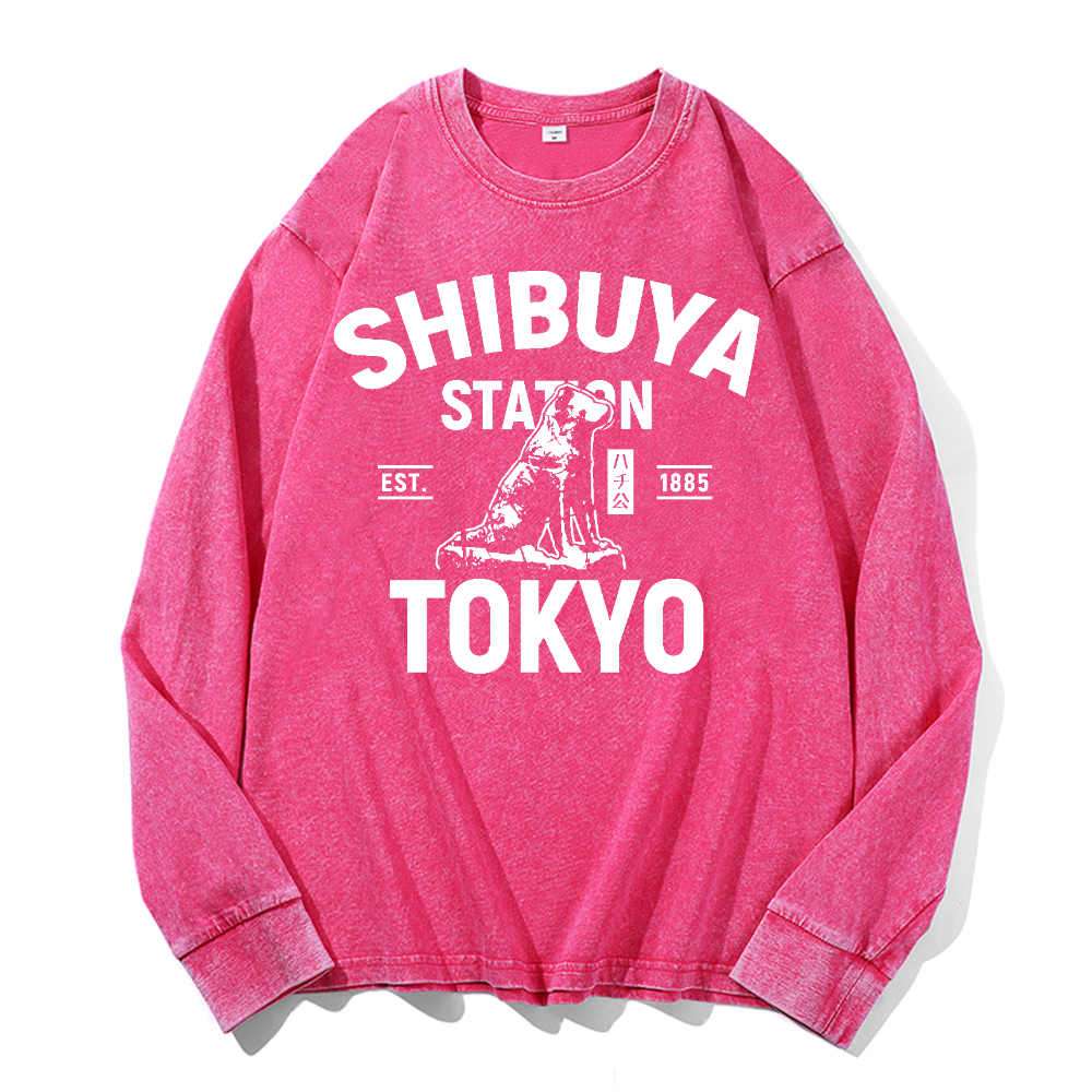 Shibuya Hachiko Vintage Cotton Wash Crewneck Long-Sleeve T-Shirt