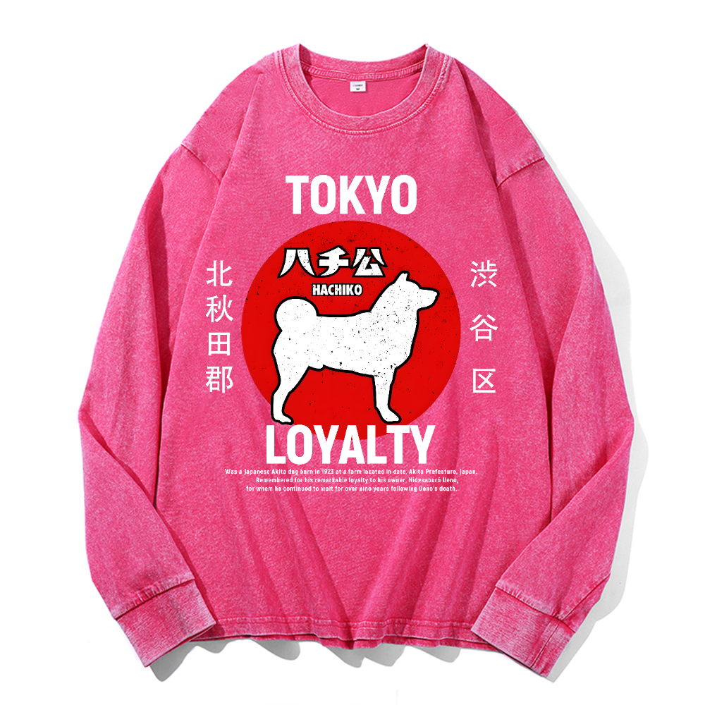 Tokyo Hachiko Vintage Cotton Wash Crewneck Long-Sleeve T-Shirt