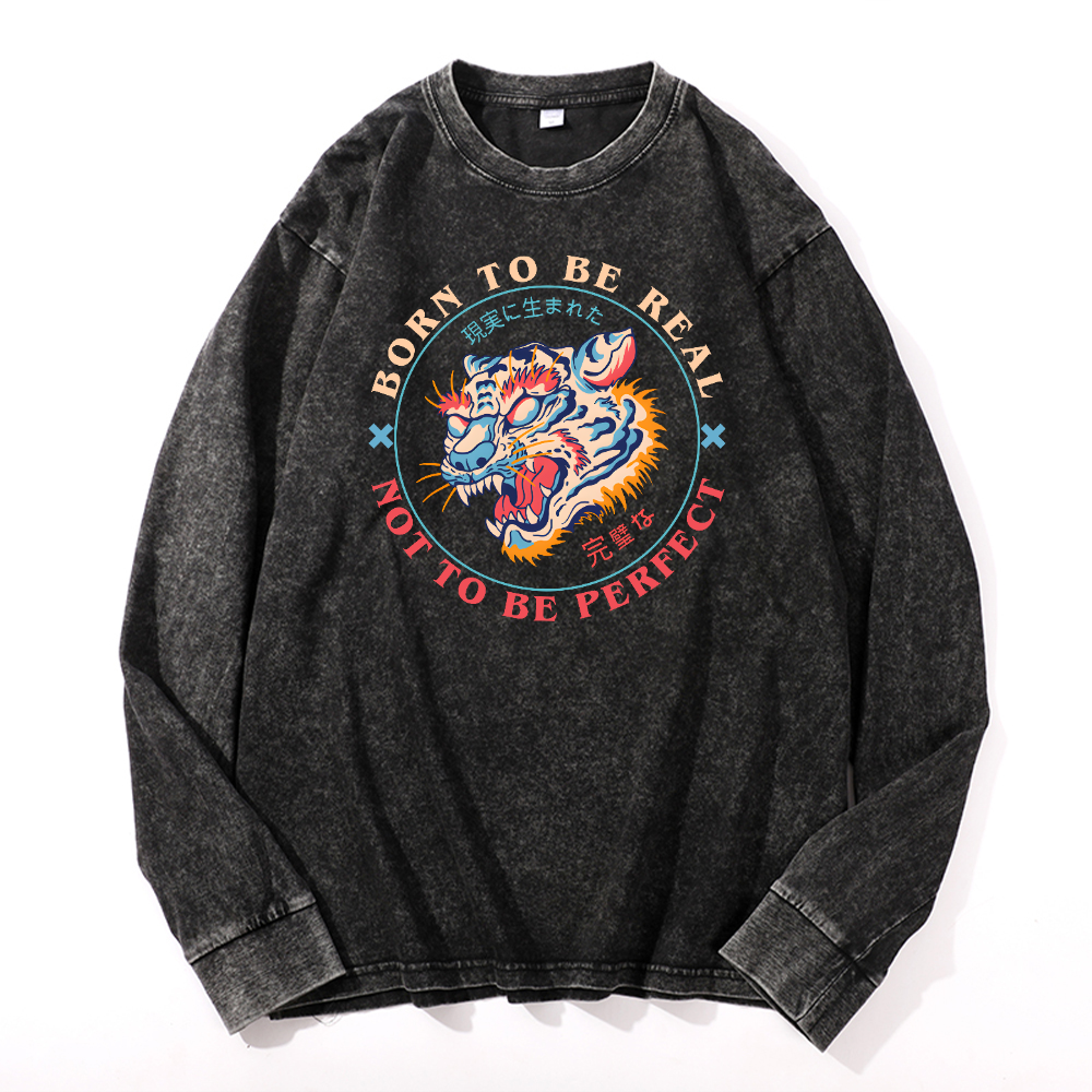 Tiger Vintage Cotton Wash Crewneck Long-Sleeve T-Shirt