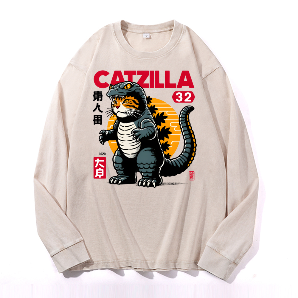 Catzilla Cat Kaiju Vintage Cotton Wash Crewneck Long-Sleeve T-Shirt