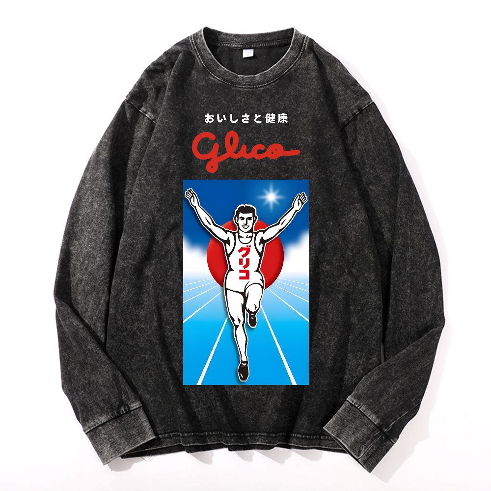 Osaka Dotonbori Glico Running Man Vintage Cotton Wash Crewneck Long-Sleeve T-Shirt