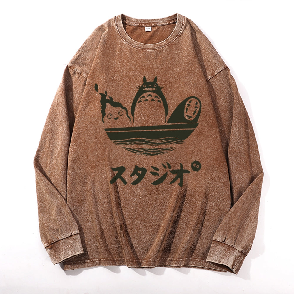 Howl's Moving Castle/My Neighbor Totoro/Spirited Away No Face Kaonashi Ghibli Anime Vintage Cotton Wash Crewneck Sweatshirt