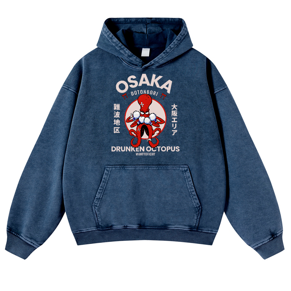 Osaka Drunken Octopus Vintage Washed Thick Cotton Hoodie