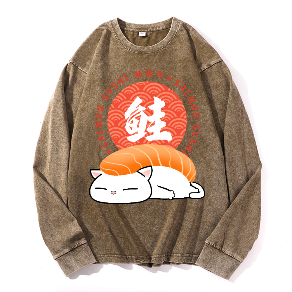 Salmon Sushi Cat Vintage Cotton Wash Crewneck Long-Sleeve T-Shirt