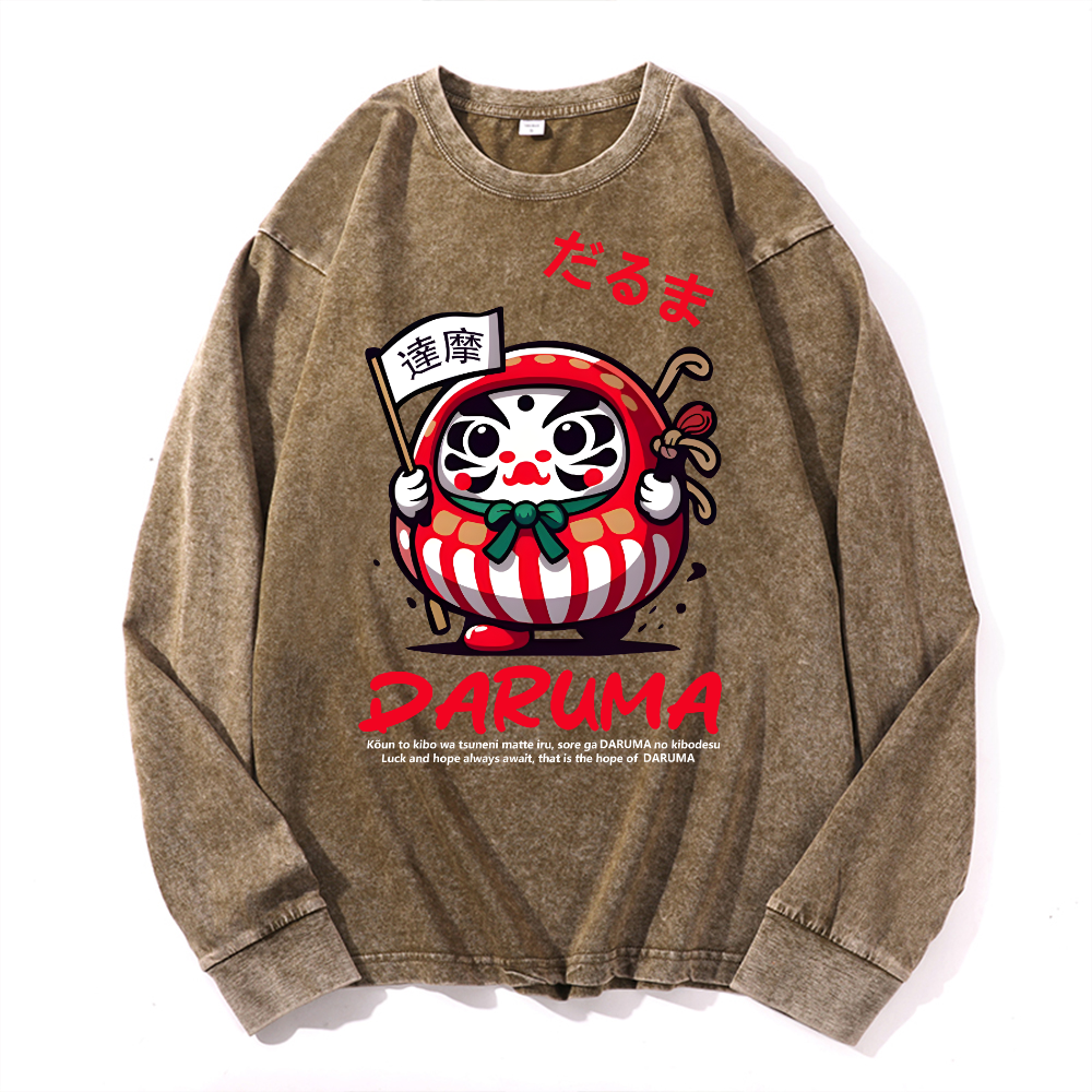 Daruma Vintage Cotton Wash Crewneck Long-Sleeve T-Shirt