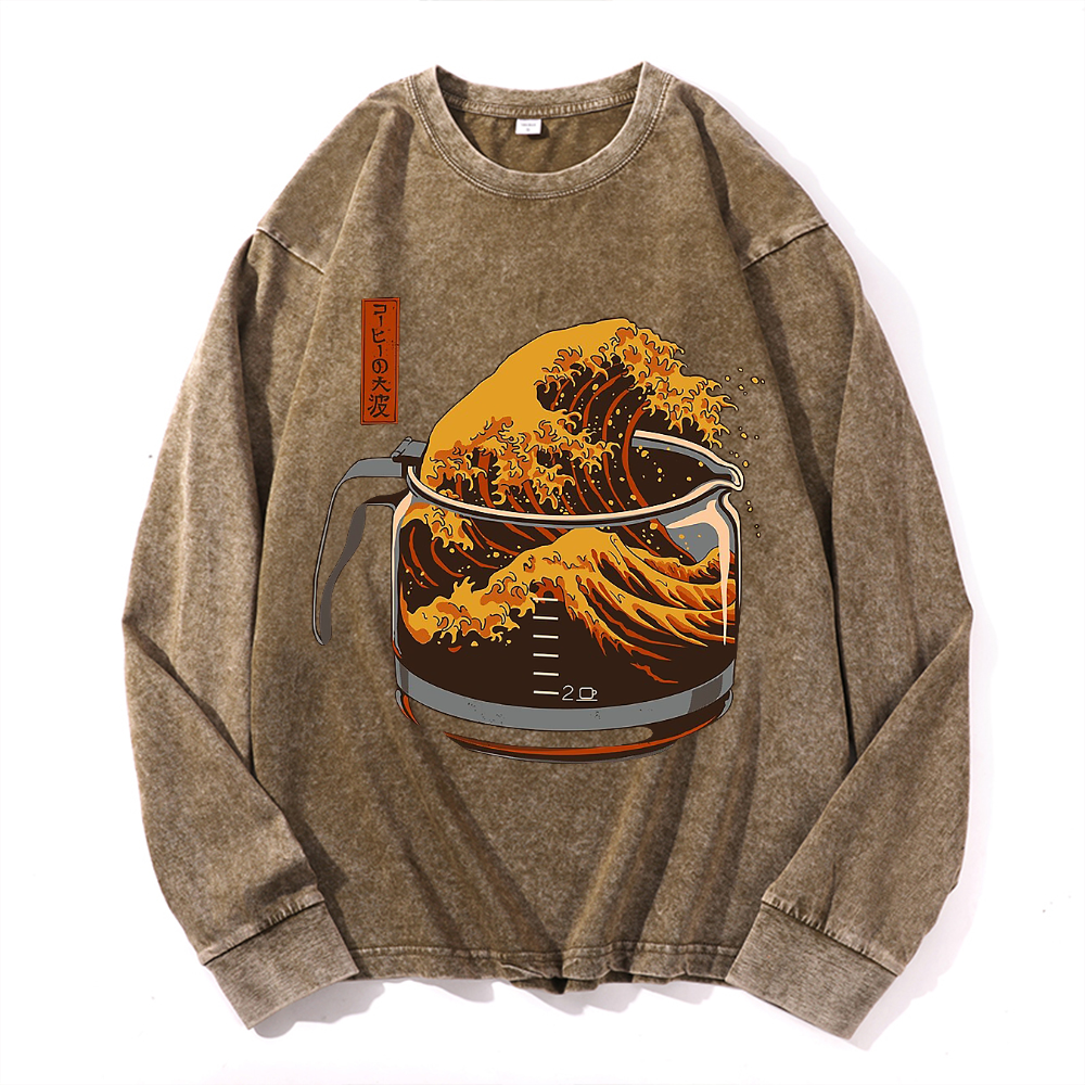 The Great Wave off Kanagawa Vintage Cotton Wash Crewneck Long-Sleeve T-Shirt