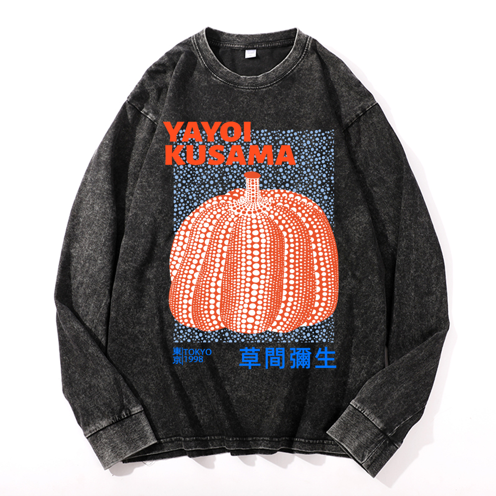 Yayoi Kusama Pumpkin Vintage Cotton Wash Crewneck Long-Sleeve T-Shirt