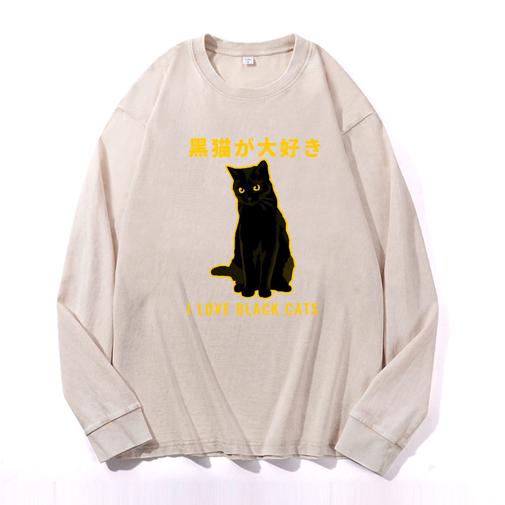 Black Cat Vintage Cotton Wash Crewneck Long-Sleeve T-Shirt