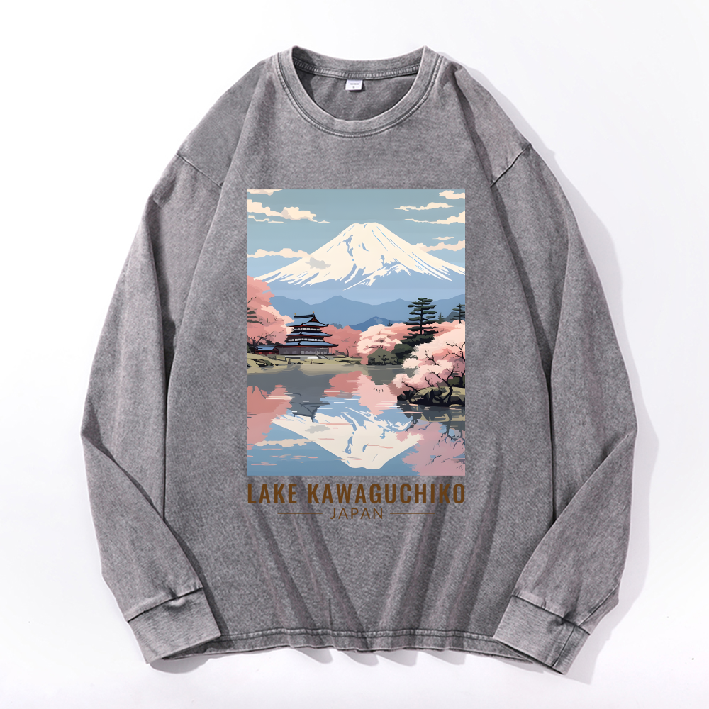 Lake Kawaguchiko Vintage Cotton Wash Crewneck Long-Sleeve T-Shirt