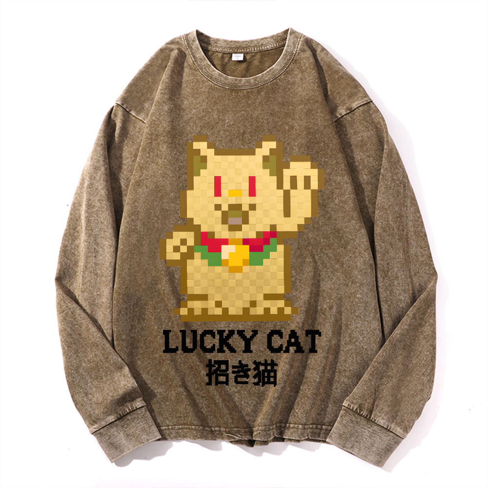 Mosaic Lucky Cat Vintage Cotton Wash Long-sleeve T-shirt