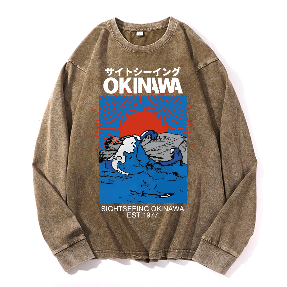 Okinawa Wave Vintage Cotton Wash Crewneck Long-Sleeve T-Shirt