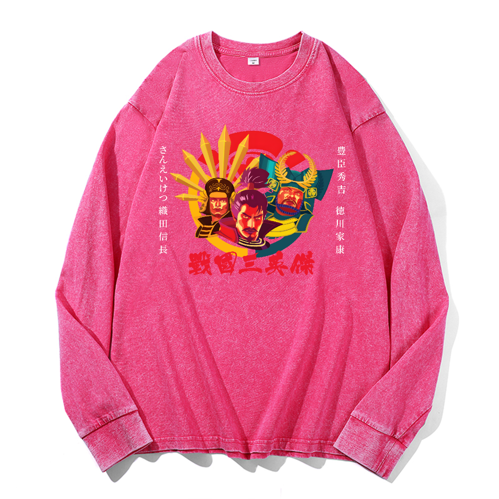 Oda Nobunaga Toyotomi Hideyoshi Tokugawa Ieyasu Vintage Cotton Wash Crewneck Long-Sleeve T-Shirt