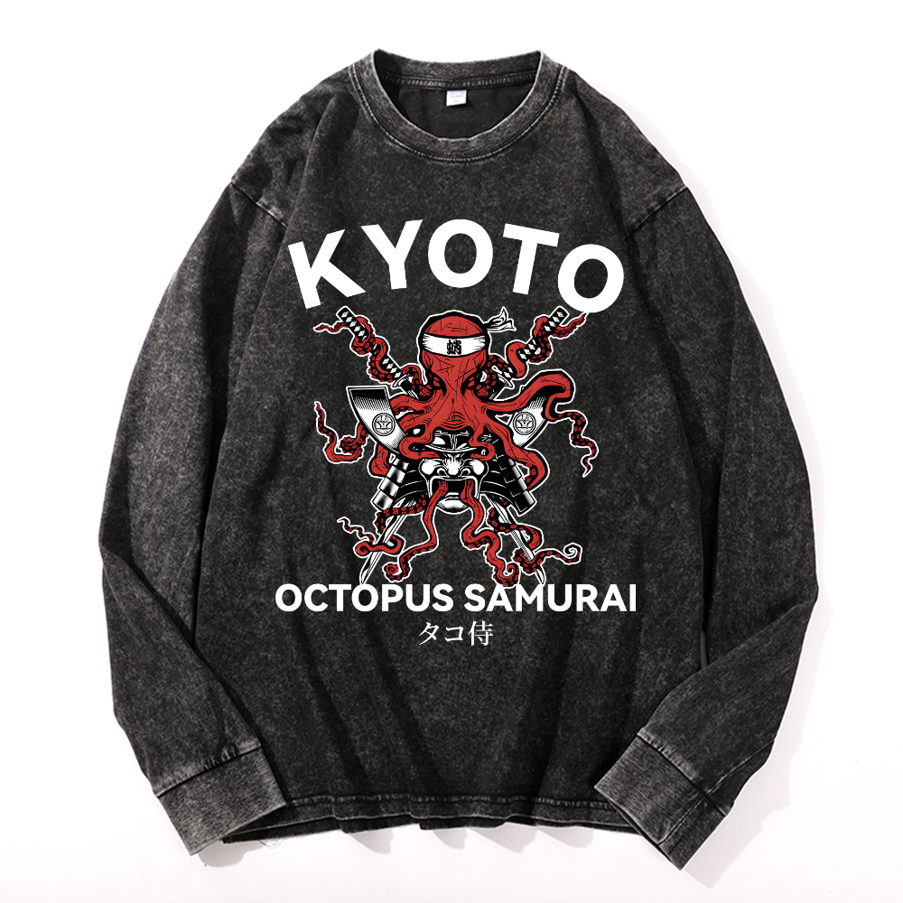 Kyoto Octopus Samurai Vintage Cotton Wash Long-sleeve T-shirt