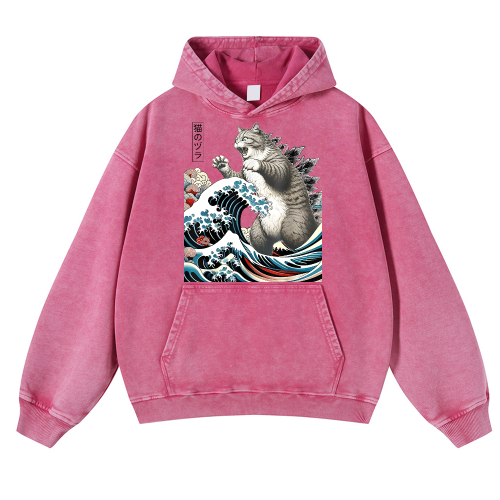Cat Kaiju Catzilla Ukiyoe Great Wave Vintage Washed Thick Cotton Hoodie