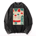 Cat Vintage Cotton Wash Crewneck Long-Sleeve T-Shirt