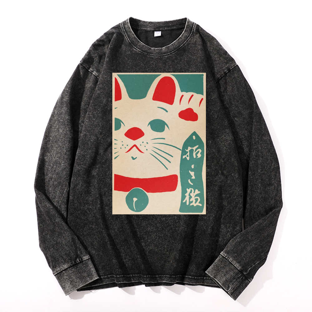 Cat Vintage Cotton Wash Crewneck Long-Sleeve T-Shirt