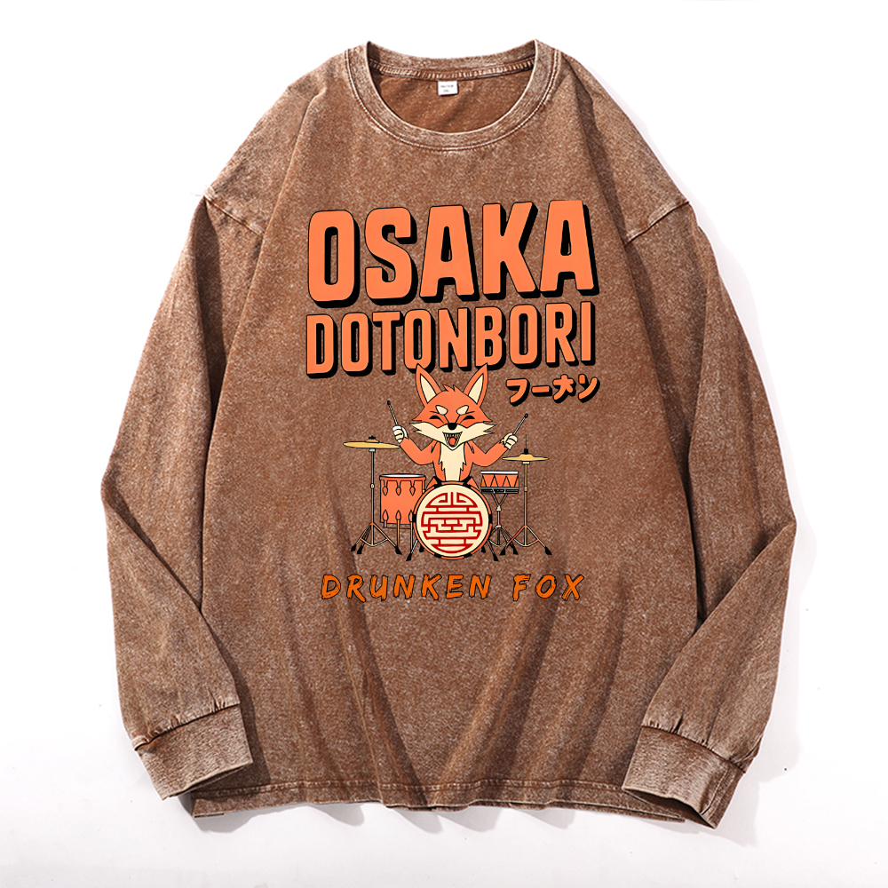 Osaka Dotonbori Drunken Fox Vintage Cotton Wash Crewneck Long-Sleeve T-Shirt