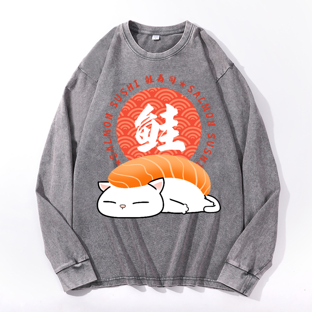 Salmon Sushi Cat Vintage Cotton Wash Crewneck Long-Sleeve T-Shirt