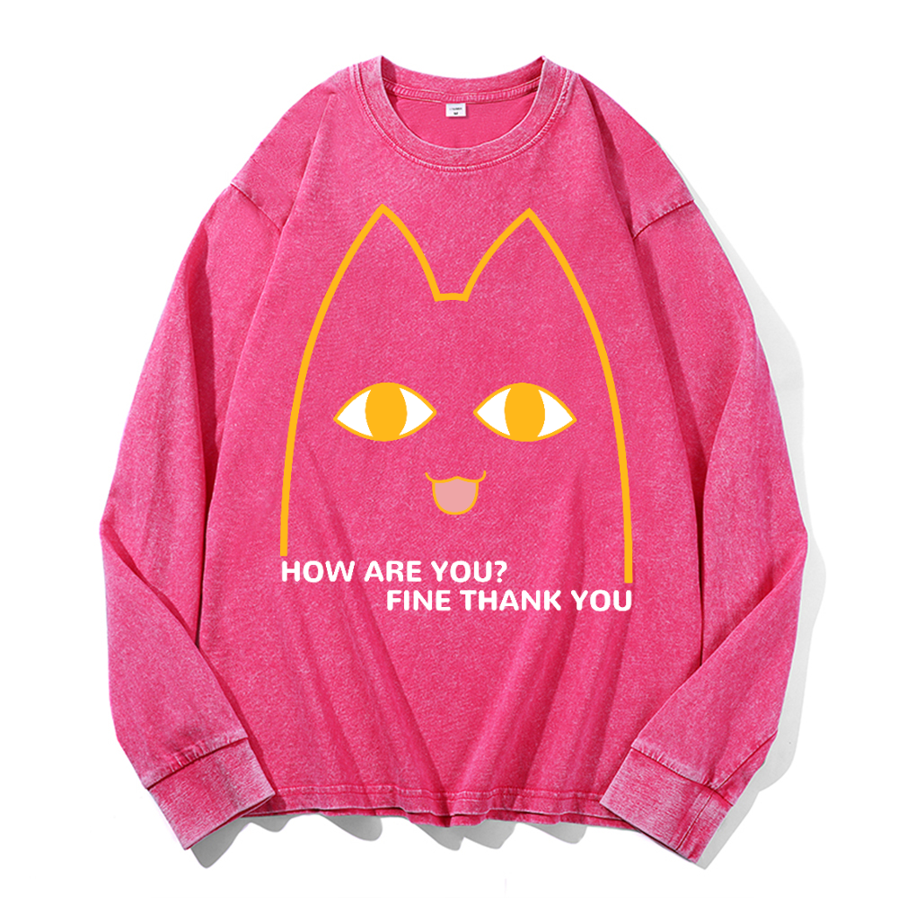 Cat Vintage Cotton Wash Crewneck Long-Sleeve T-Shirt