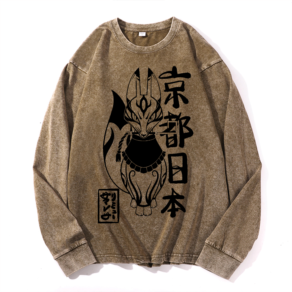 Kyoto Kitsune Vintage Cotton Wash Crewneck Long-Sleeve T-Shirt