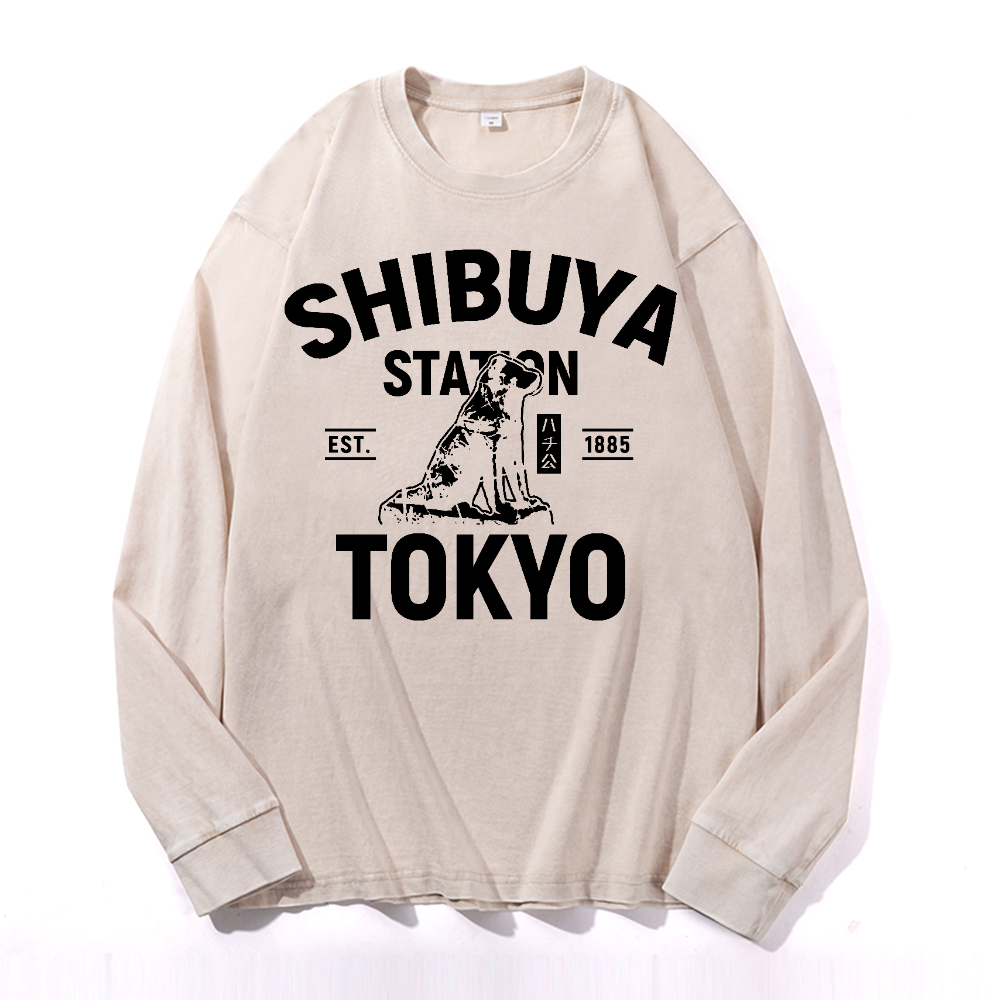 Shibuya Hachiko Vintage Cotton Wash Crewneck Long-Sleeve T-Shirt