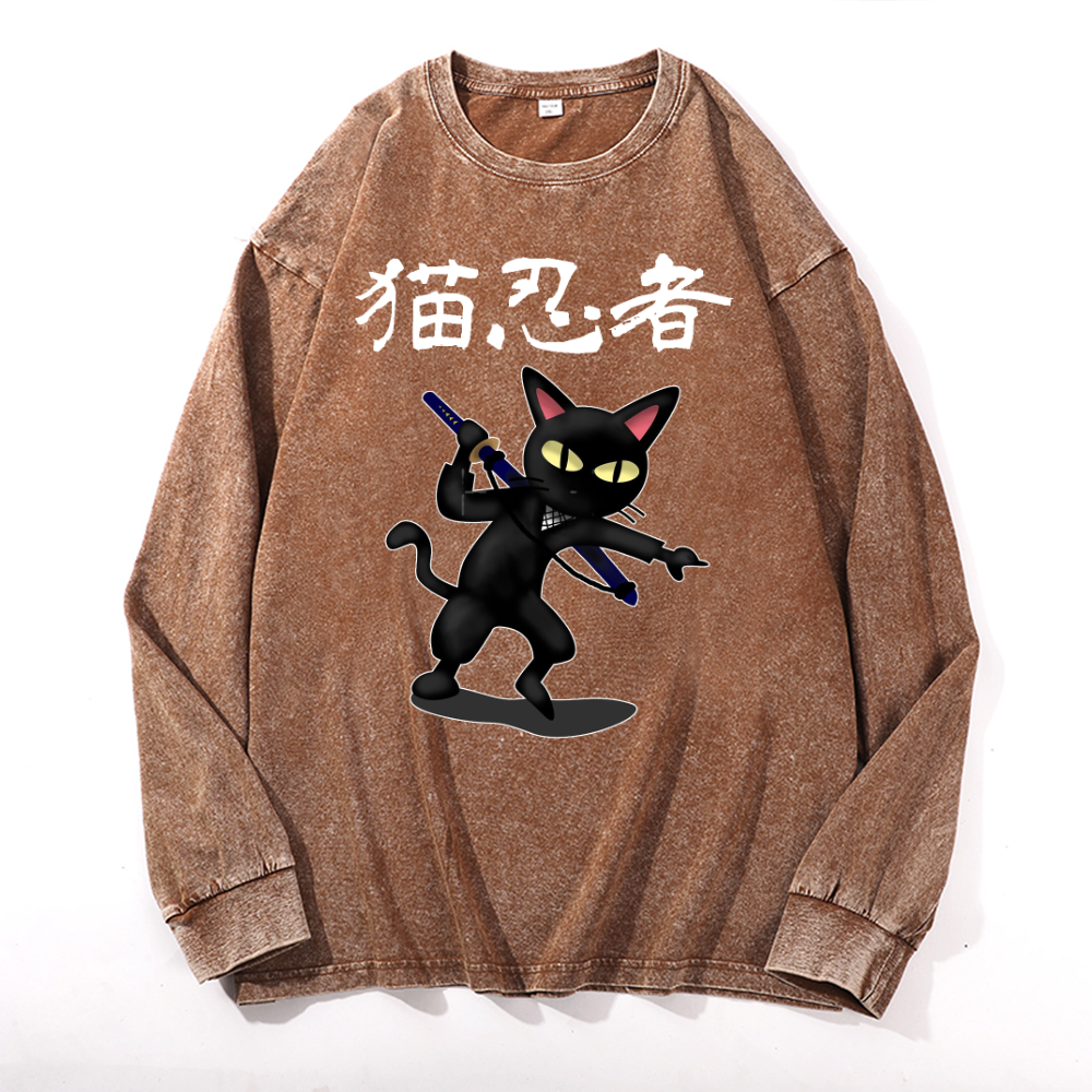 Cat Ninja Vintage Cotton Wash Crewneck Long-Sleeve T-Shirt